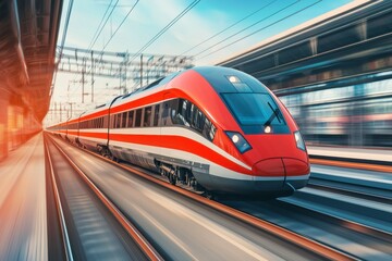 Naklejka premium High-Speed Train in Motion on Urban Tracks Amidst Clear Blue Sky and Modern Infrastructure, Capturing the Essence of Modern Transportation Technology and Efficiency