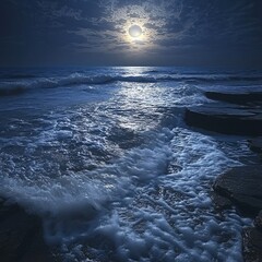 Serene Moonlight Ocean Waves Crashing on Rocks