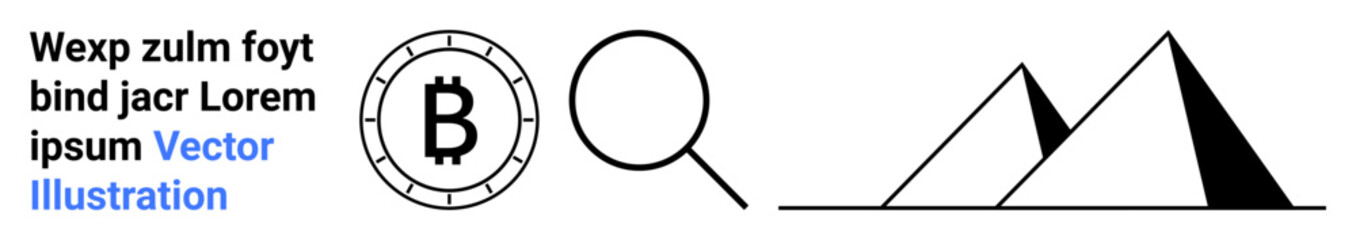 Bitcoin symbol centered in a circle, large search magnifying glass, and two geometric pyramids. Ideal for cryptocurrency, financial technology, digital currency, exploration, search, analytics