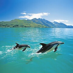 Fototapeta premium Two Dolphins Leap Joyfully in Turquoise Ocean with Majestic Mountain Backdrop