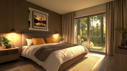 Obraz premium A cozy bedroom interior featuring soft textiles, warm lighting, and minimalist decor for a restful ambiance.