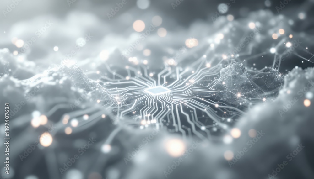 Poster futuristic circuitry network in cloudscape with digital connections
