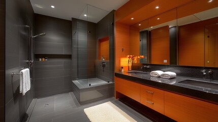 Rustic Modern Bathroom Design with Dark Palette and Elegant Fixtures