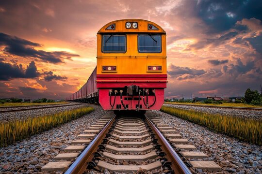 Vibrant sunset scene featuring a yellow and orange train approaching on railroad tracks with dramatic clouds and a picturesque landscape in the background