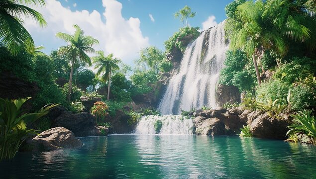 A beautiful waterfall in the middle of an exotic jungle