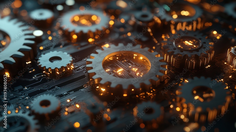 Poster close-up of intricate gears on a circuit board, glowing with warm light. represents technology and p