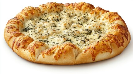 A cheese pizza with a rustic crust and visible herbs, photographed on a white background