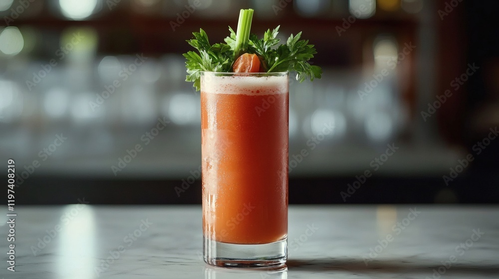 Aufkleber isolated on white background a tall glass of fresh tomato juice with a garnish of parsley stock phot