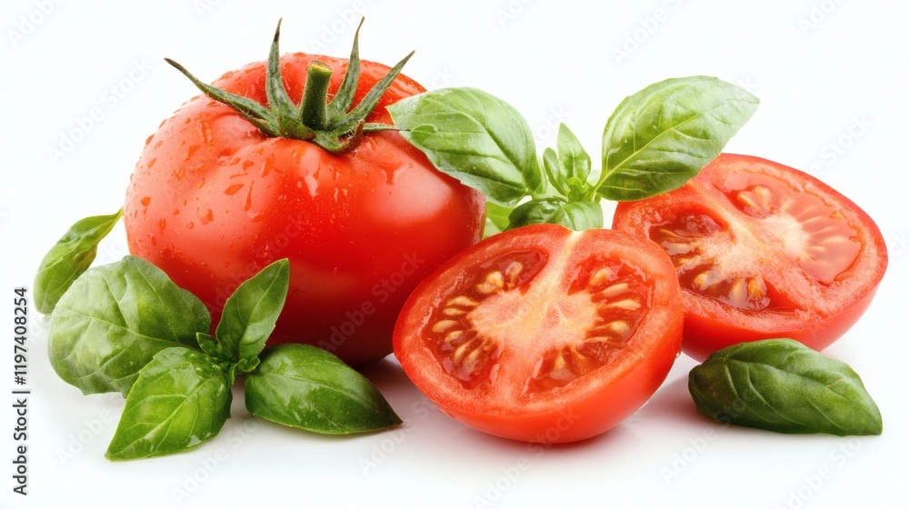 Poster isolated on white background a full tomato next to a slice revealing contrast between skin and flesh
