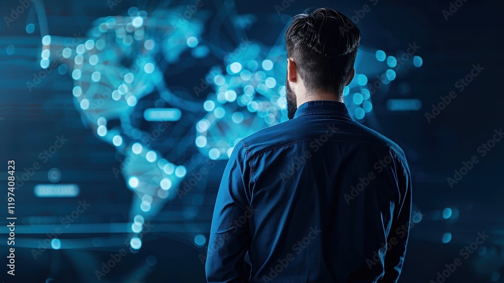 Poster a man observes a digital world map, illuminated with interconnected data points, symbolizing global 