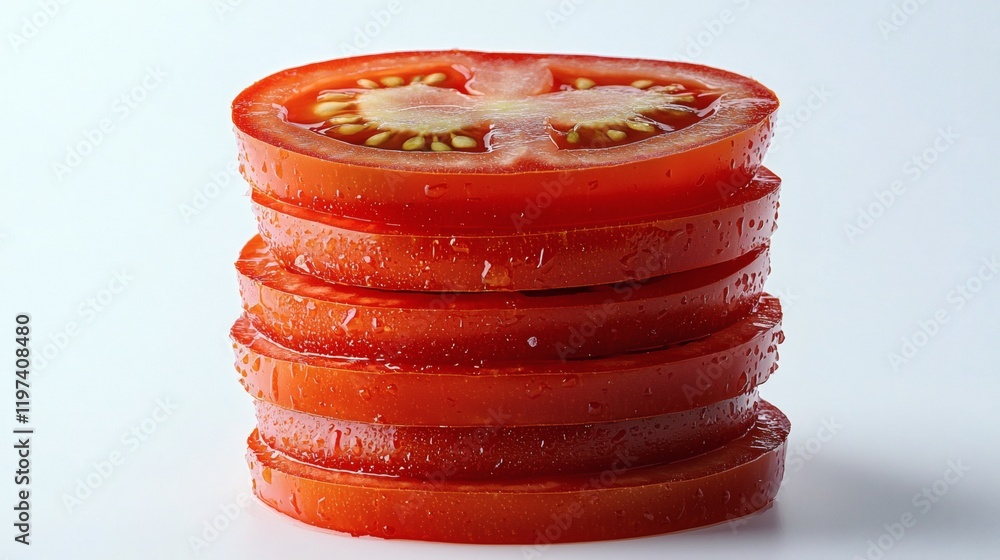 Aufkleber Isolated on white background a stack of tomato slices creating a visually appealing gradient effect Stock Photo with side copy space