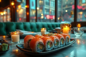 Delicious salmon sushi rolls on a restaurant table, candles and city lights in the background.