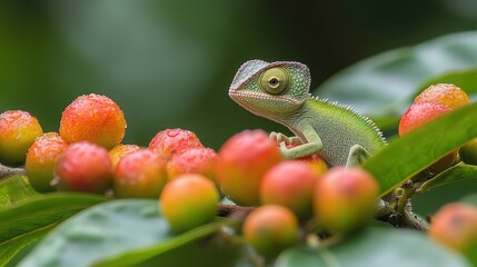 Tiny green chameleon perched on a branch amidst red and orange berries, droplets of water on the berries and leaves.