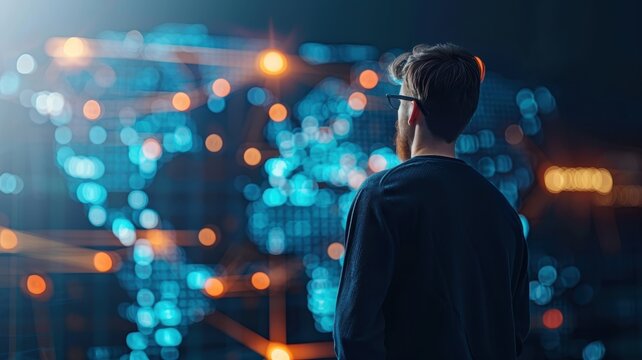 A person views a digital world map filled with glowing data points, symbolizing technology and connectivity.