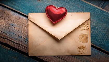 Vintage envelope adorned with a red heart on a rustic wooden background