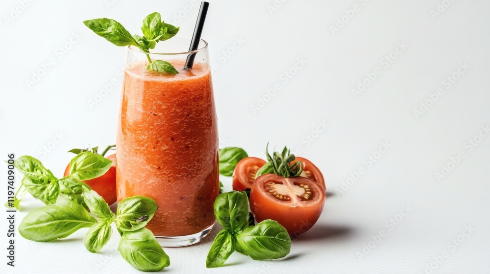 Poster isolated on white background a freshly blended tomato drink in a glass bottle ready to serve stock p