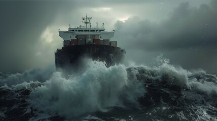 Massive Cargo Ship Battling Stormy Seas with Powerful Waves and Dramatic Sky