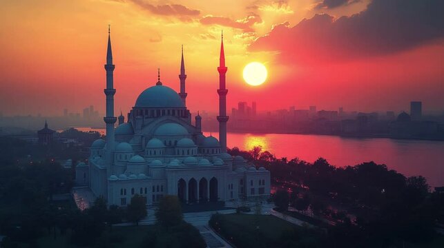 A peaceful sunset view over a mosque, symbolizing the time for Iftar (breaking the fast) during Ramadan. 202