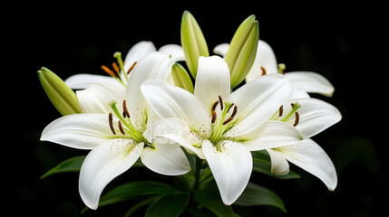 Fototapeta premium White lilies in bloom, showcasing delicate petals and vibrant green buds, create stunning contrast against dark background