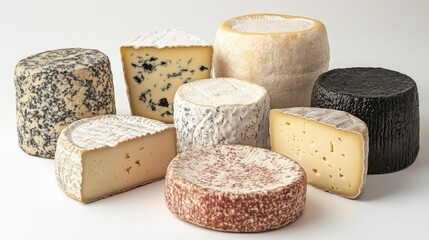 Assorted artisan cheeses studio shot, white background, food photography, recipe website