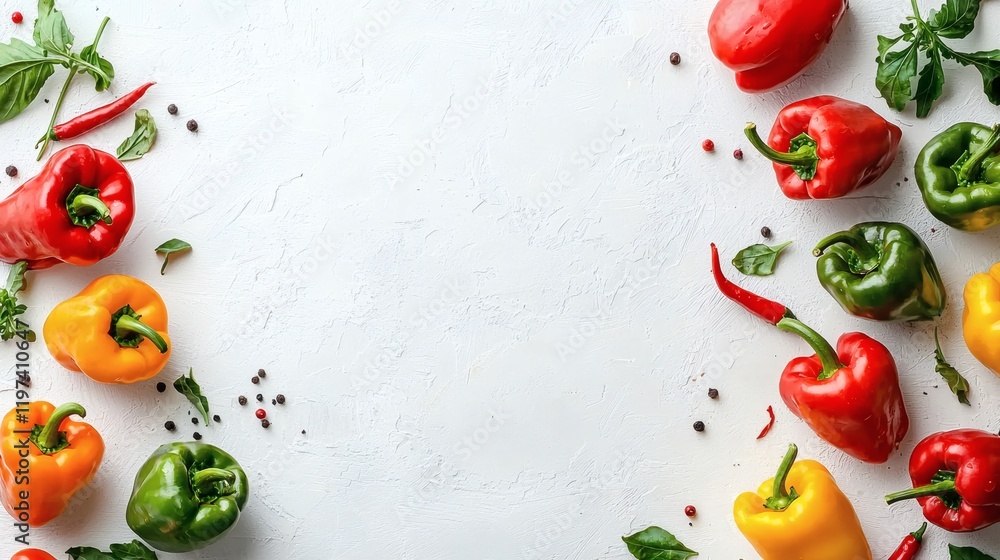 Poster isolated on white background a collection of red and yellow bell peppers placed in a natural cluster