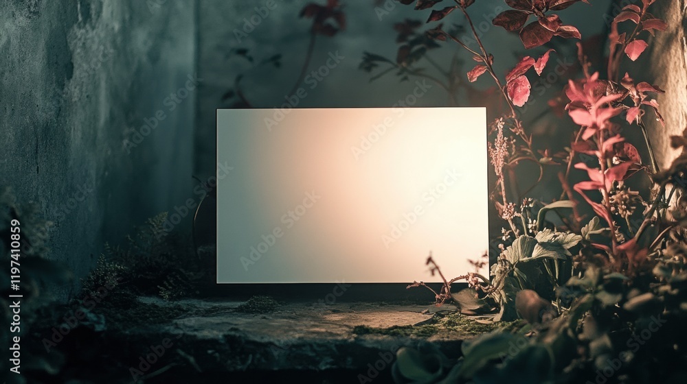 Aufkleber blank canvas in serene outdoor setting surrounded by plants and gentle light for creative expression