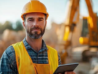Construction worker using tablet on job site urban environment professional portrait safety gear focused perspective