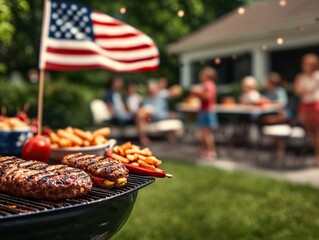Summer bbq celebration with grilled meat and american flag in backyard family gathering outdoor fun