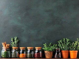 Spices and Herbs in Glass Jars on Dark Background