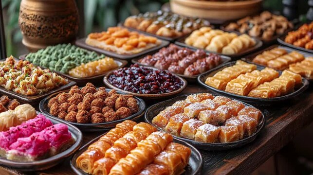 A close-up of an array of traditional Ramadan desserts like kunafa, baklava, and qatayef on a table. 286