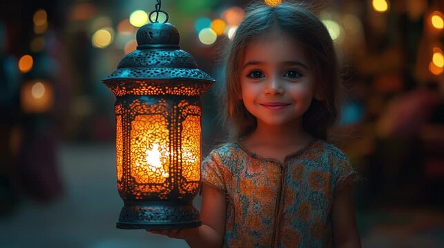 A child lighting a Ramadan lantern in the evening, with festive decorations hanging in the background. 291
