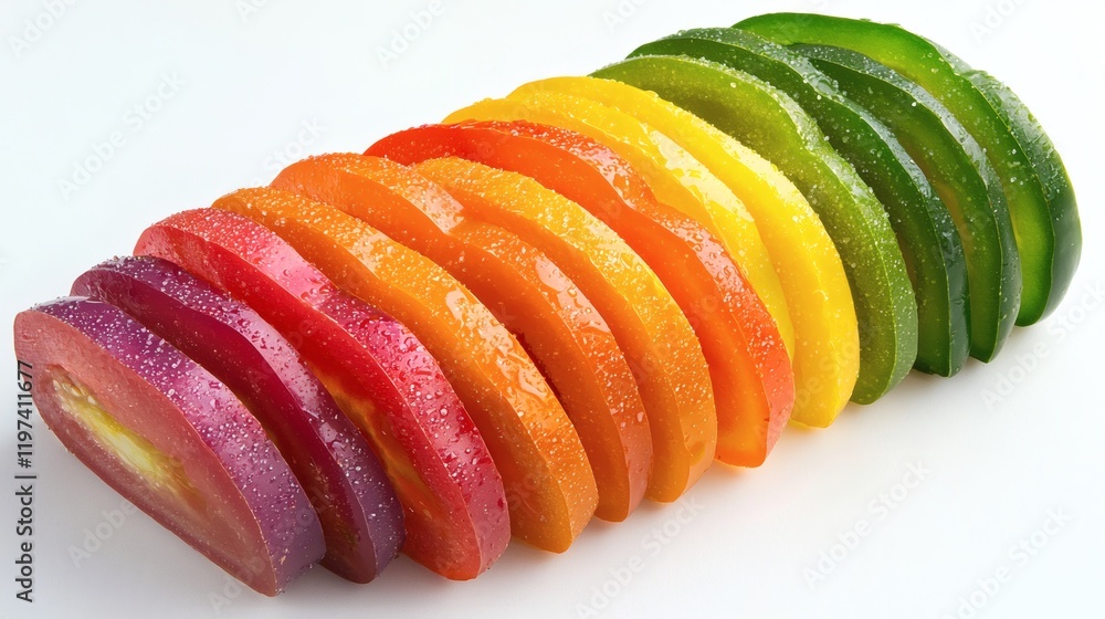 Poster Isolated on white background bell pepper slices arranged in a fan-like pattern showcasing vivid colors Stock Photo with side copy space