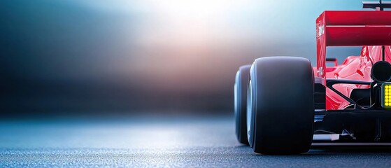 Obraz premium Red Race Car Speeding Towards Sunset Dramatic Asphalt Track