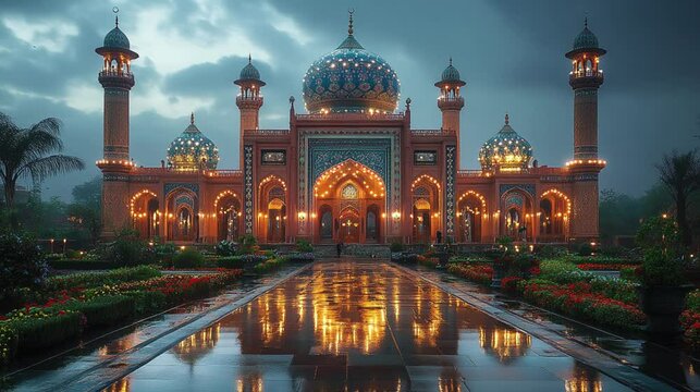 A beautifully decorated mosque illuminated with lights and flowers, celebrating Mawlid al-Nabi. 303