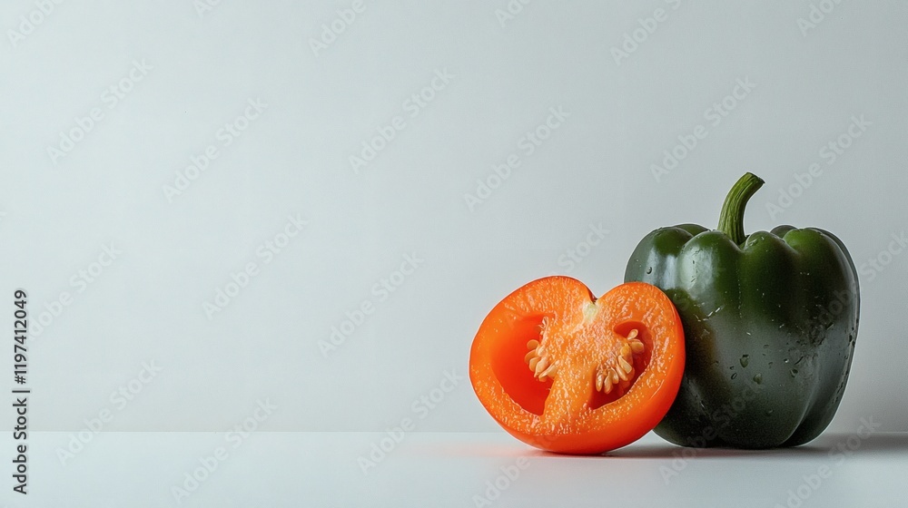 Poster isolated on white background a green bell pepper next to a halved one highlighting contrasting textu