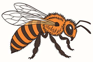 Hyper-realistic honey bee, macro photography, intricate wing details, fuzzy body texture, vibrant orange and black stripes, compound eyes, antennae, transparent wings, fine hair, sharp focus, white ba