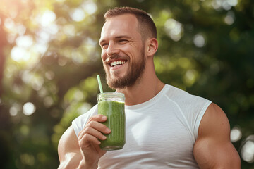 fit man with defined muscles enjoys green smoothie outdoors, radiating happiness and health. sunlight enhances vibrant atmosphere