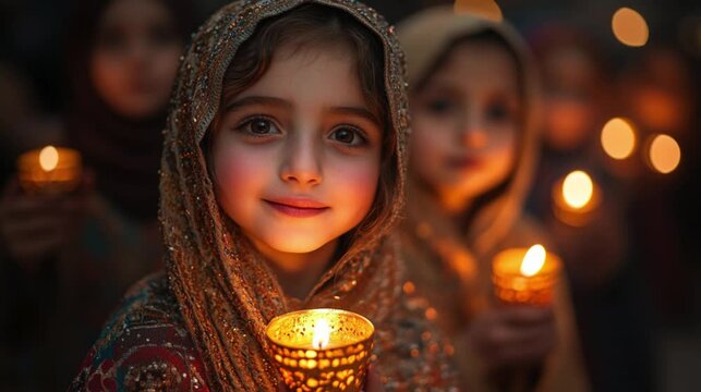 Children in traditional clothing holding candles, celebrating Mawlid al-Nabi with joy and excitement. 310