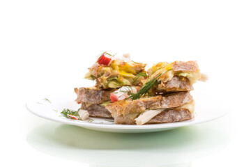 Appetizing toasts with aromatic cheese, isolated on a white background
