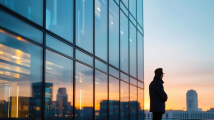 Fototapeta premium A silhouette of a man stands beside a reflective glass building during sunset, showcasing urban architecture and serene colors.