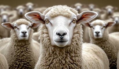 Fototapeta premium Close-up of a curious sheep standing among a flock in a rural landscape during daytime