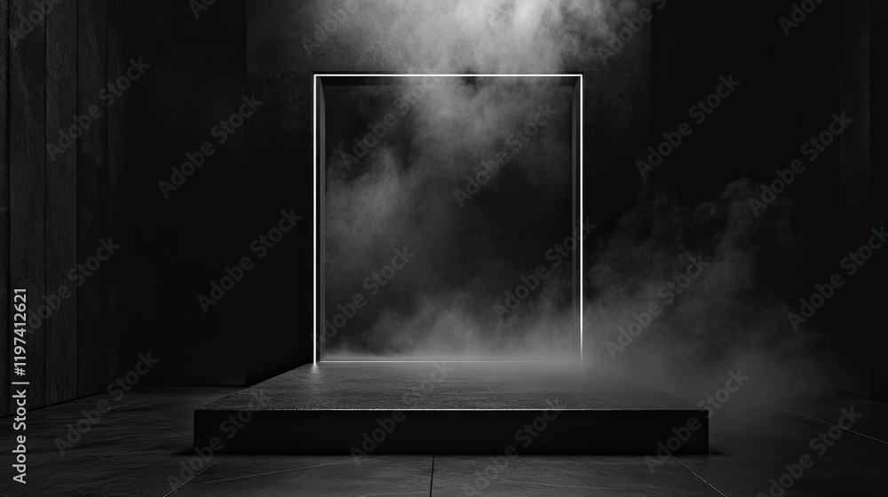 Poster abstract black background with smoke and fog on the floor, dark room. empty scene for product presen