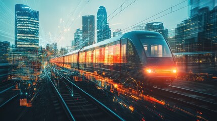 Fototapeta premium A creative double exposure of a train silhouette blended with an urban skyline and global network imagery.