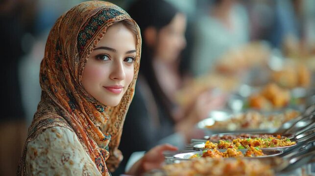 A traditional Mawlid celebration in a community center, with people exchanging gifts, food, and prayers. 335