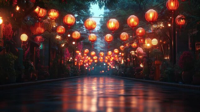 A brightly lit city street during Mawlid, with festive lanterns and decorations hanging above, creating a joyful atmosphere. 348