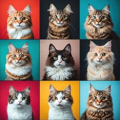 A grid of nine square photos featuring different breeds and coat patterns, each with the cat's head in focus against colorful backgrounds.