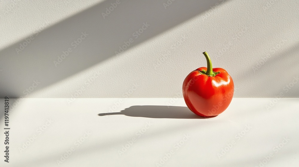 Poster Isolated on white background a single bell pepper placed on its side casting a soft shadow Stock Photo with side copy space