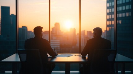 Businessmen Silhouetted Against Sunset Cityscape