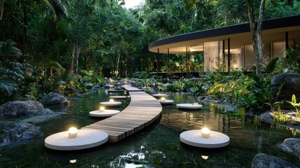 Fototapeta premium Tranquil Pathway Through a Serene Garden Surrounded by Muted Greenery and Reflections