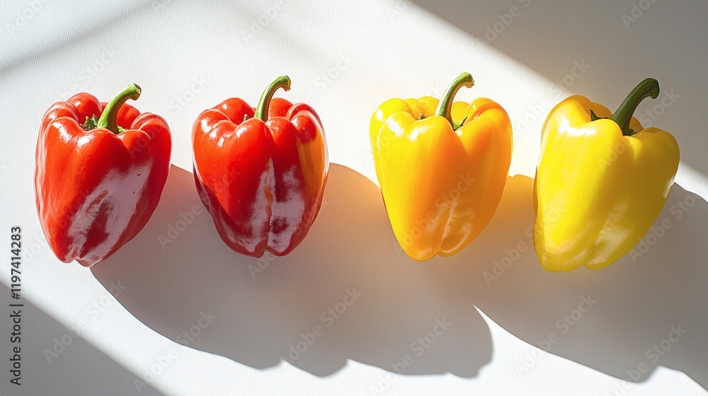 Poster Isolated on white background a single bell pepper placed on its side casting a soft shadow Stock Photo with side copy space